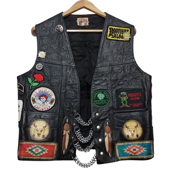 Vtg Harley Davidson Leather Biker Chain Vest Patch Pins Motorcycle - Picture 2 of 6